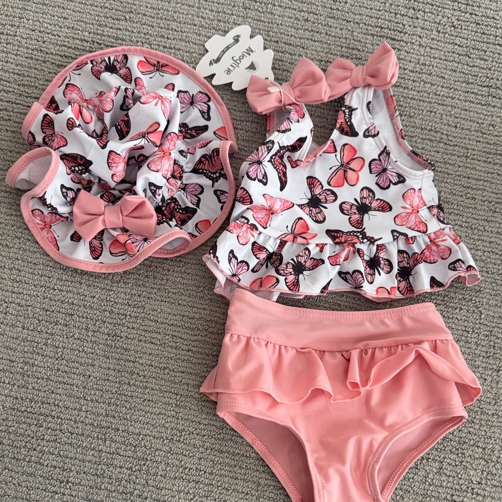 Butterfly Print Pink Toddler Swimsuit Set with Sun Hat